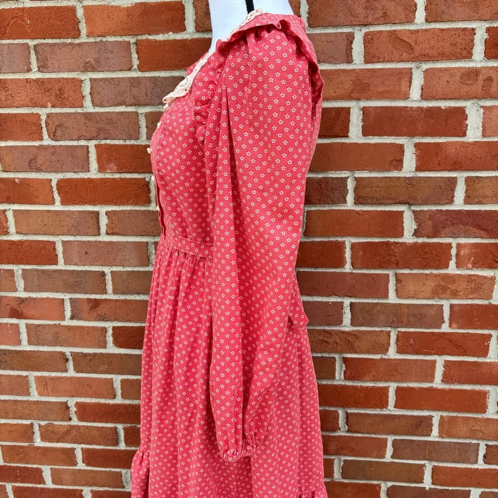 Vintage Candi Jones California Red Floral Print Long Sleeve Dress Ruffles Lace - Picture 5 of 9